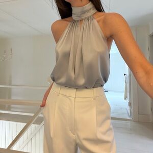 Fleur Du Mal Silk Satin Turtleneck Keyhole Draped Bodysuit in Silver Size M $295